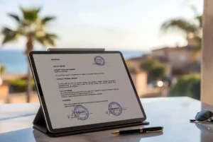 Consultation juridique pour un achat immobilier sécurisé à Alicante en 2026. Un document officiel posé sur une table face à la mer et aux palmiers de la Costa Blanca