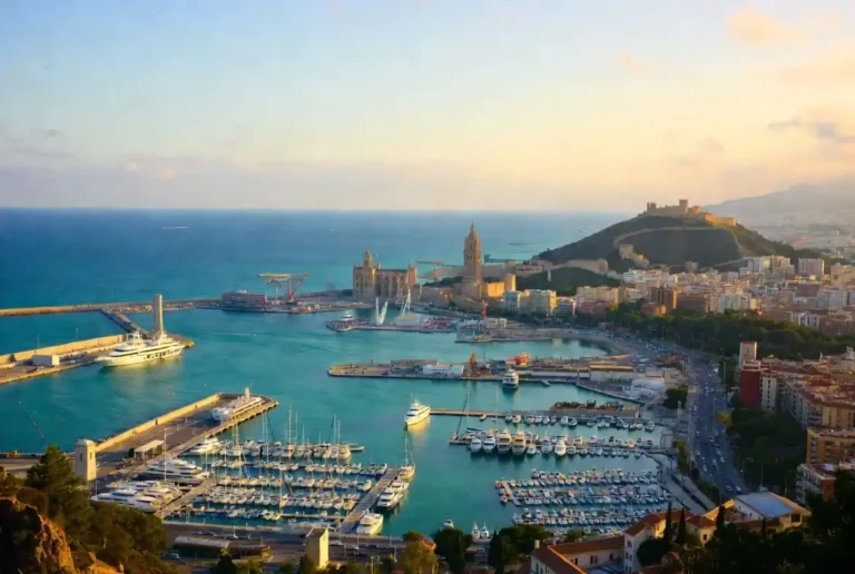 Vue sur le port et la ville de Malaga pour l'annuaire des professionnels francophones de l'immobilier et du droit.